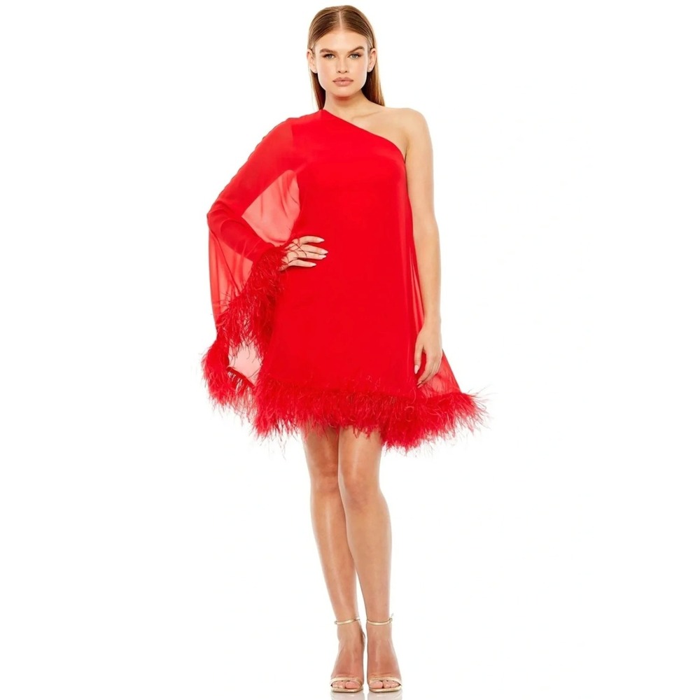 IEENA MAC DUGGAL One Shoulder Feather Trim Cape Mini Dress Red Women's Size 2